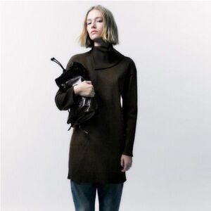 Zara Ribbed Asymmetrical Collar Brown Long Sleeve Sweater Dress Size M